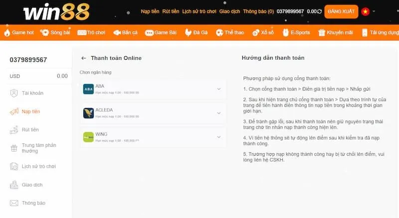 Nạp tiền nhà cái WIN88